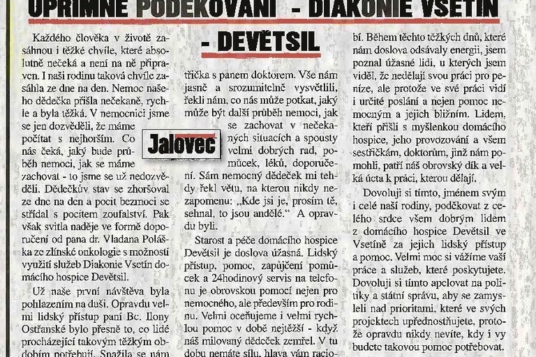 Poděkování kolegyním domácího hospice Devětsil